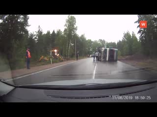 near vyborg, a truck with rubble overturned, hitting a passenger car