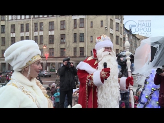 santa claus lit the lights on the main christmas tree of vyborg